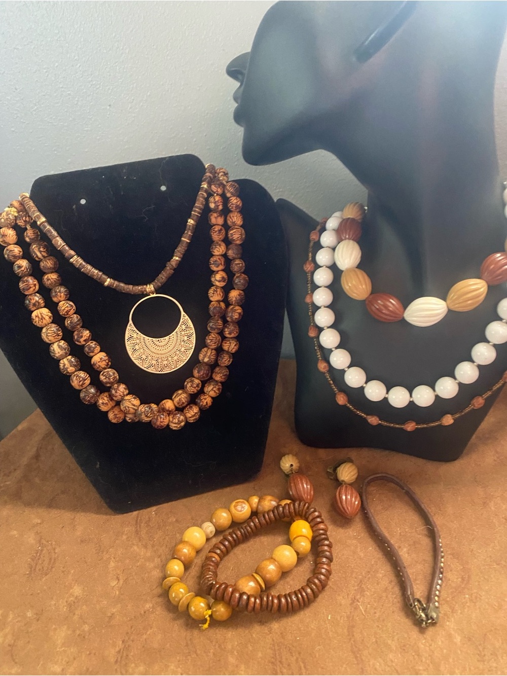 Multicolor Carved Wooden Beaded, Vintage Necklaces- White, Cream & Brown
